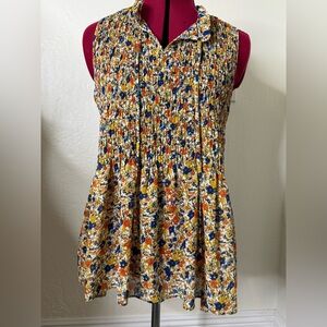 Rose + Olive Smocked Floral Sleeveless Blouse Top Yellow Blue Orange Women’s M